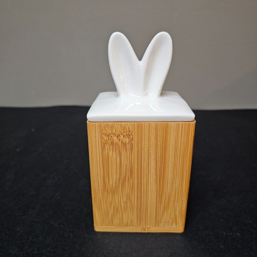 New Bunny Rabbit Easter Spring Decor Box Wood Ceramic 6.5" Food Safe